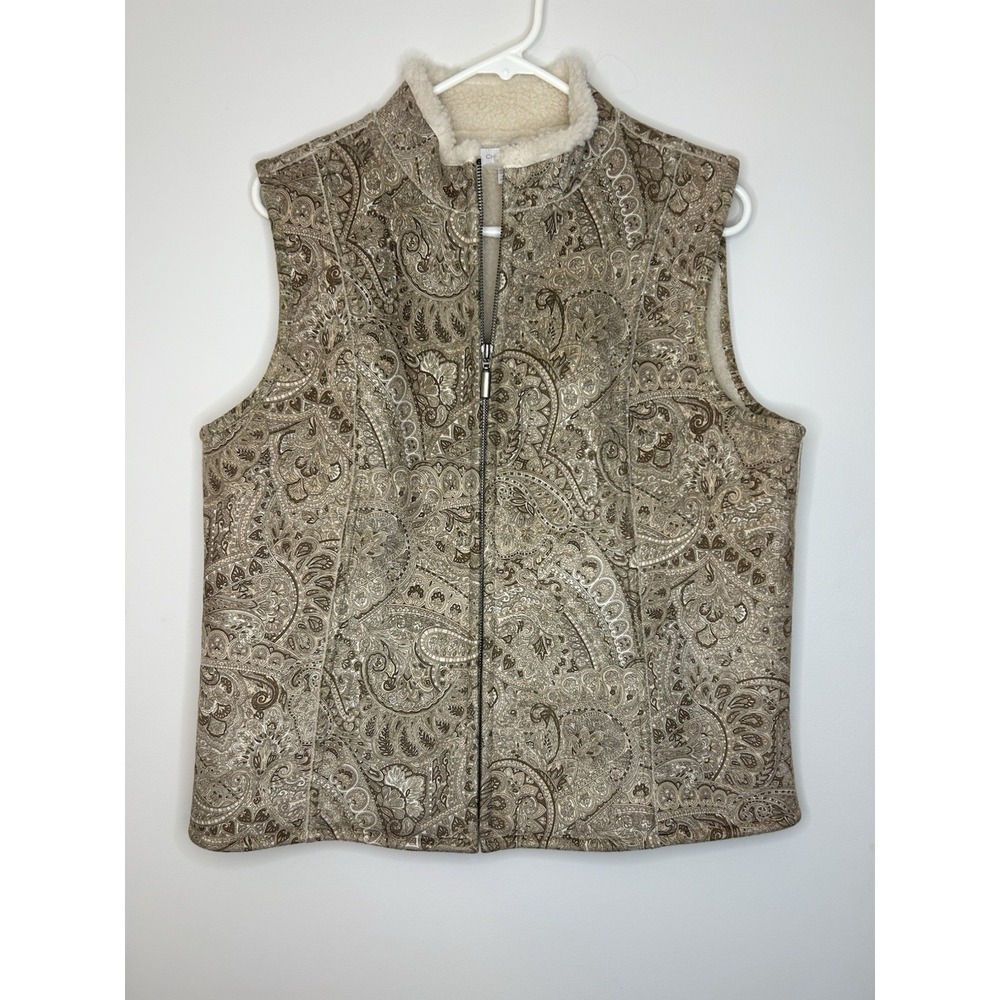 Charter Club Beige Paisley Outdoor Vest Zip-Up Sherpa Mock Collar Womens M